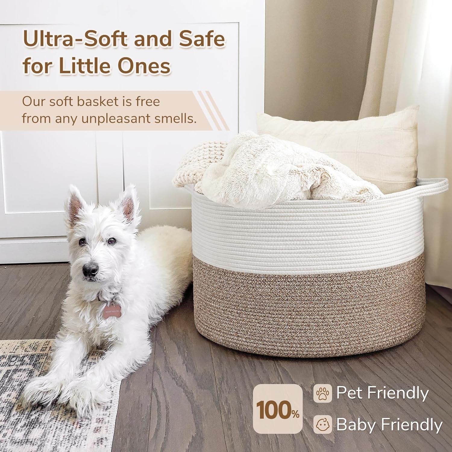 Xxxlarge Cotton Rope Basket 21.7" X 21.7" X 13.8" Woven Baby Laundry Blanket Basket Toy Baskets with Handle Storage Comforter Cushions Thread Laundry Hamper Home Decor Living Room