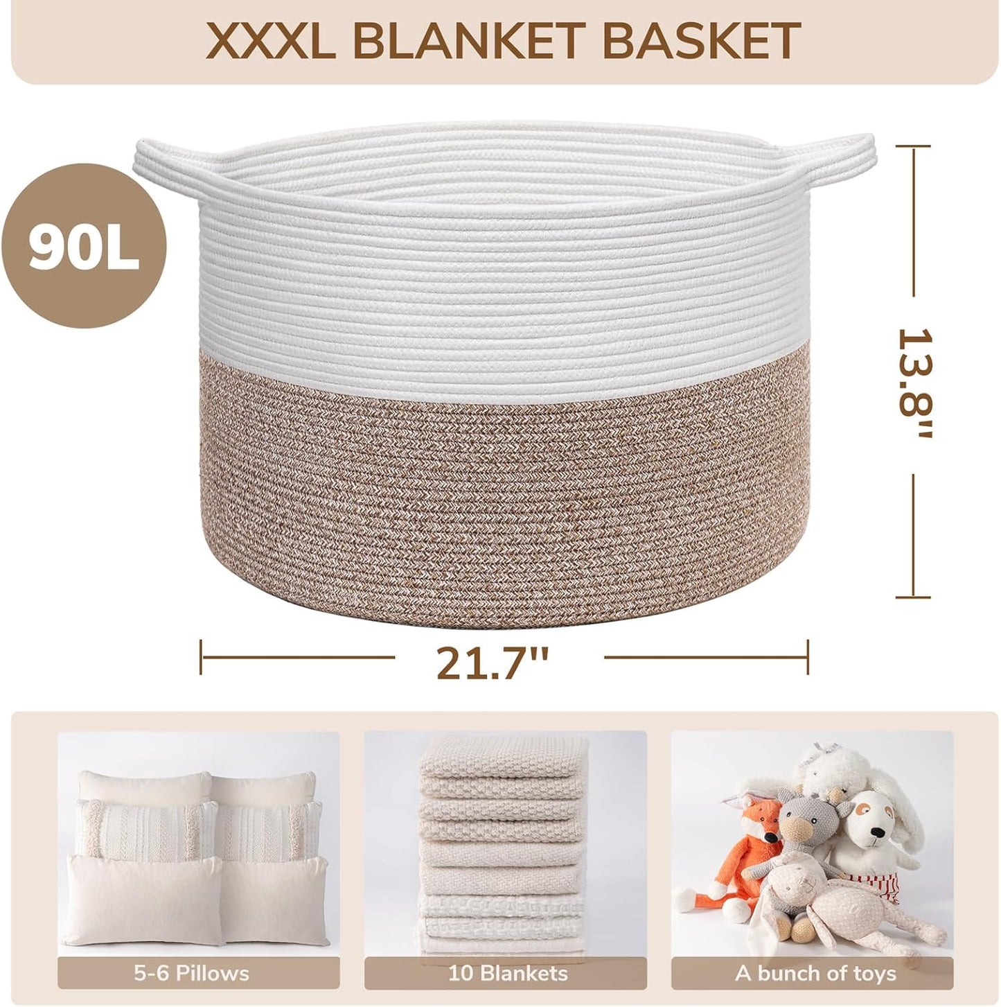 Xxxlarge Cotton Rope Basket 21.7" X 21.7" X 13.8" Woven Baby Laundry Blanket Basket Toy Baskets with Handle Storage Comforter Cushions Thread Laundry Hamper Home Decor Living Room