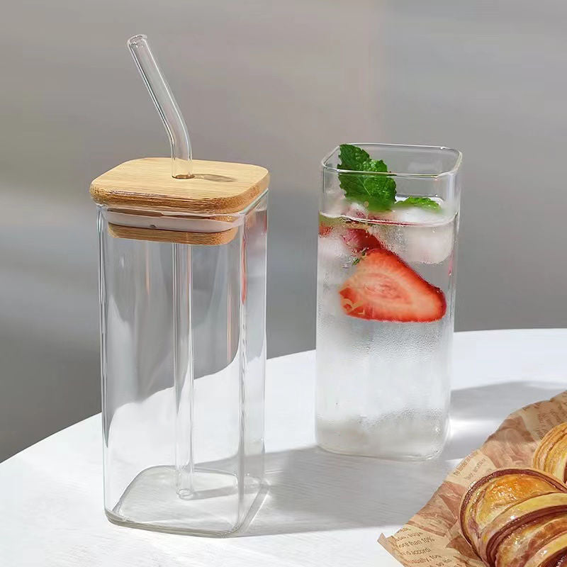 Simple Straw Cup Milk Tea Cup New Women's High-value Household High-temperature Transparent Square Glass With Handle