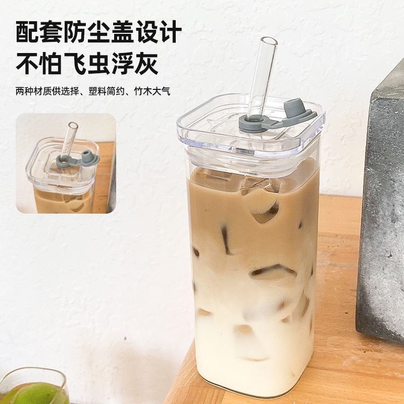 Simple Straw Cup Milk Tea Cup New Women's High-value Household High-temperature Transparent Square Glass With Handle