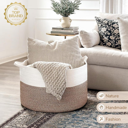 Xxxlarge Cotton Rope Basket 21.7" X 21.7" X 13.8" Woven Baby Laundry Blanket Basket Toy Baskets with Handle Storage Comforter Cushions Thread Laundry Hamper Home Decor Living Room