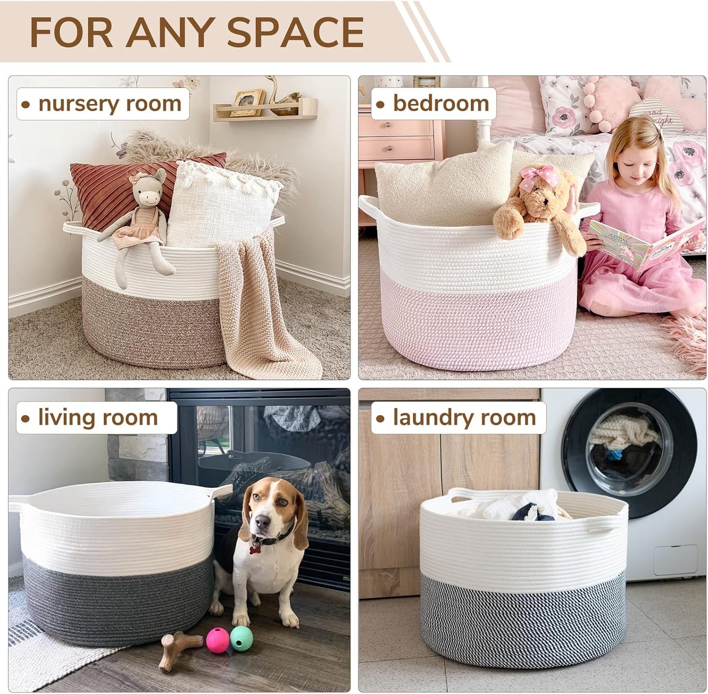 Xxxlarge Cotton Rope Basket 21.7" X 21.7" X 13.8" Woven Baby Laundry Blanket Basket Toy Baskets with Handle Storage Comforter Cushions Thread Laundry Hamper Home Decor Living Room