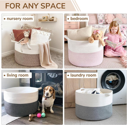 Xxxlarge Cotton Rope Basket 21.7" X 21.7" X 13.8" Woven Baby Laundry Blanket Basket Toy Baskets with Handle Storage Comforter Cushions Thread Laundry Hamper Home Decor Living Room