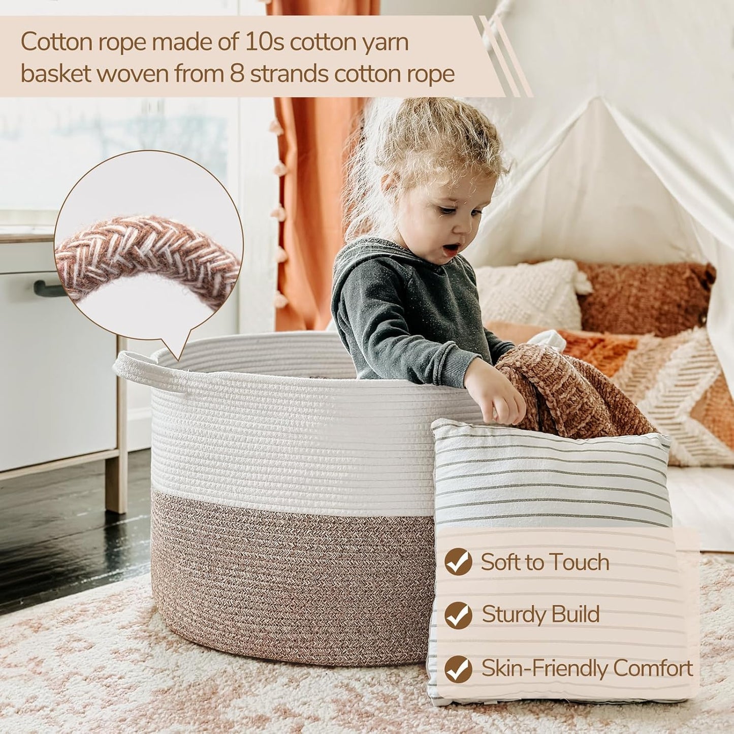 Xxxlarge Cotton Rope Basket 21.7" X 21.7" X 13.8" Woven Baby Laundry Blanket Basket Toy Baskets with Handle Storage Comforter Cushions Thread Laundry Hamper Home Decor Living Room