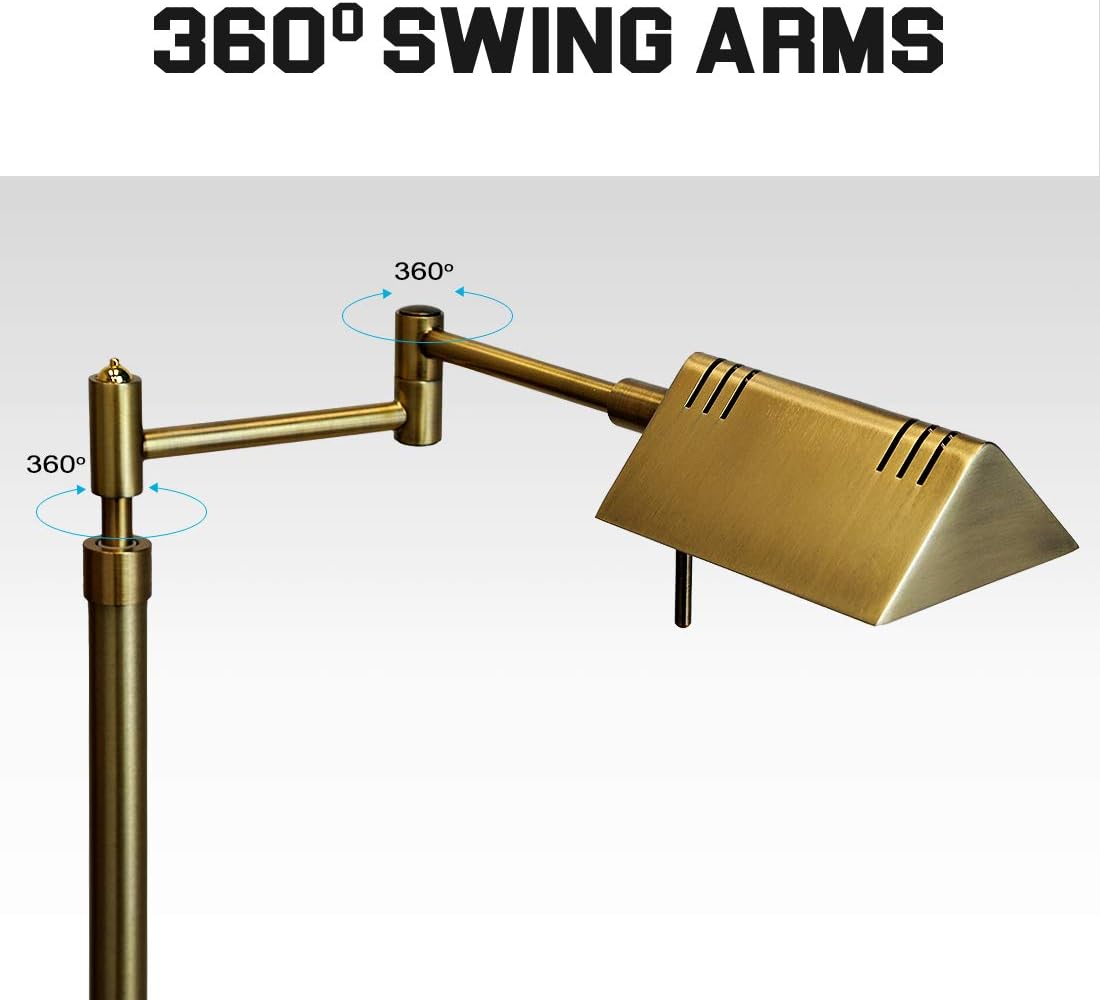 O’Bright Dimmable LED Pharmacy Floor Lamp, 12W LED, Full Range Dimming, 360 Degree Swing Arms, Adjustable Heights, Standing Lamp for Reading, Sewing, and Craft, ETL Listed, Antique Brass (Gold)