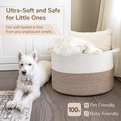 Xxxlarge Cotton Rope Basket 21.7" X 21.7" X 13.8" Woven Baby Laundry Blanket Basket Toy Baskets with Handle Storage Comforter Cushions Thread Laundry Hamper Home Decor Living Room