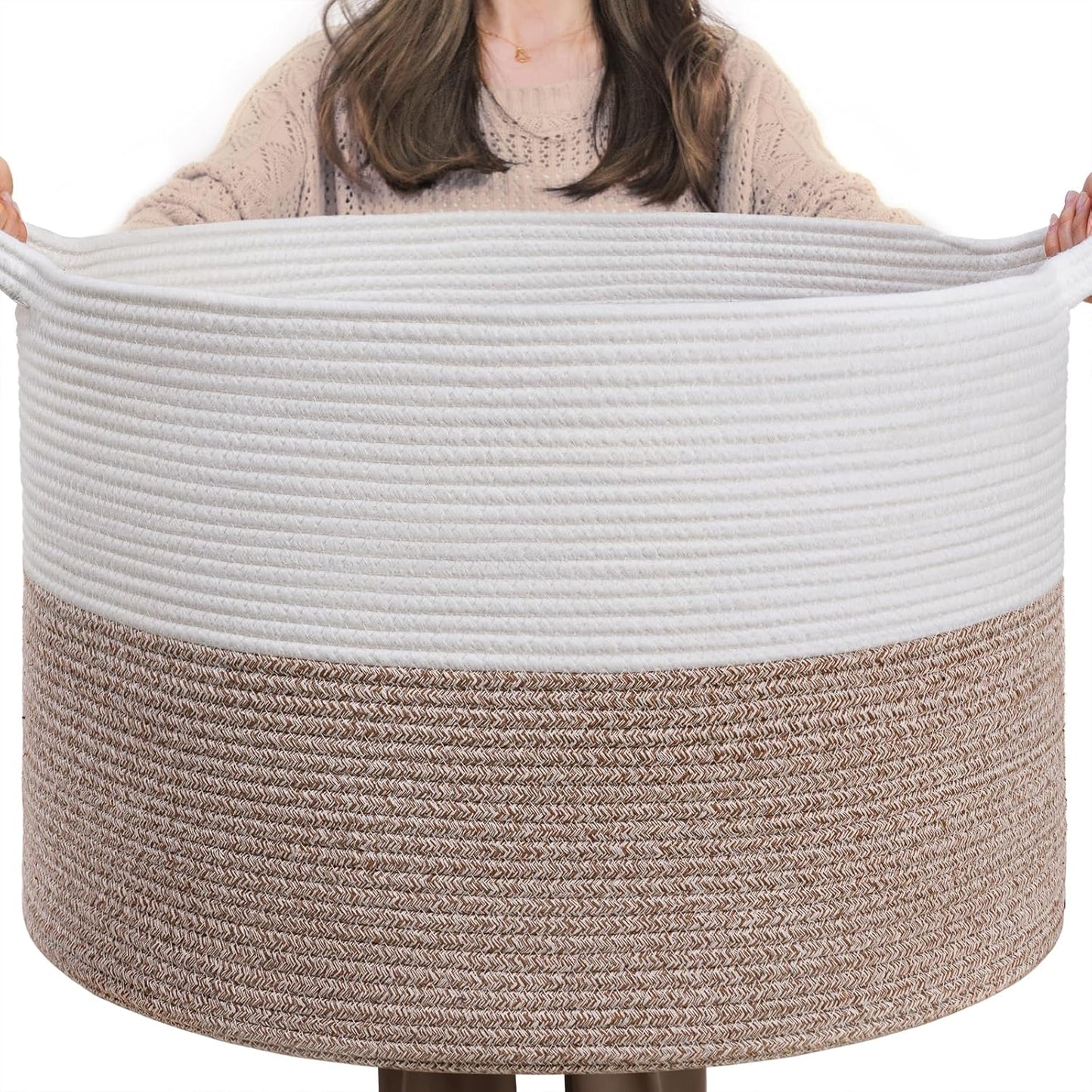 Xxxlarge Cotton Rope Basket 21.7" X 21.7" X 13.8" Woven Baby Laundry Blanket Basket Toy Baskets with Handle Storage Comforter Cushions Thread Laundry Hamper Home Decor Living Room