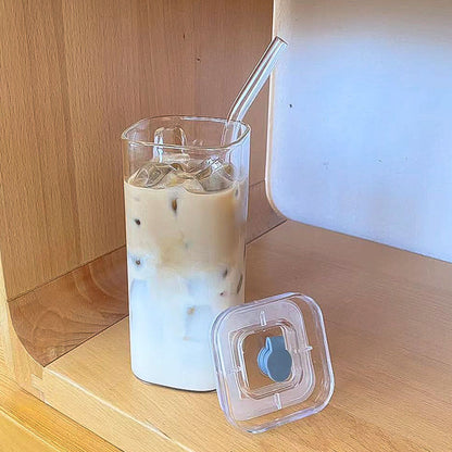 Simple Straw Cup Milk Tea Cup New Women&#039;s High-value Household High-temperature Transparent Square Glass With Handle